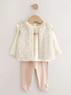 Hot Next Pink/Cream Baby Fur Gilet, Top and Leggings 3 Piece Set (0mths-2yrs)