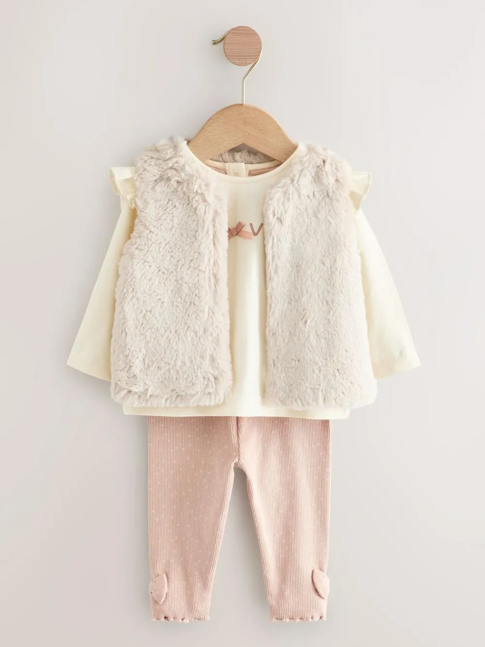 Hot Next Pink/Cream Baby Fur Gilet, Top and Leggings 3 Piece Set (0mths-2yrs)