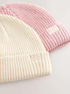 Next Pink/Cream Cable Knitted Baby Beanies 2 Pack (0mths-2yrs)^ Hats & Scratch Mitts|Newborn Accessories