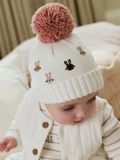 Best Next Pink/Cream Embroidered Bunny Character Pom Knitted Hat (0mths-2yrs)