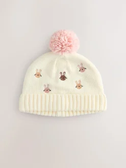 Best Next Pink/Cream Embroidered Bunny Character Pom Knitted Hat (0mths-2yrs)