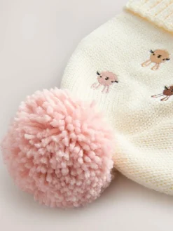 Best Next Pink/Cream Embroidered Bunny Character Pom Knitted Hat (0mths-2yrs)