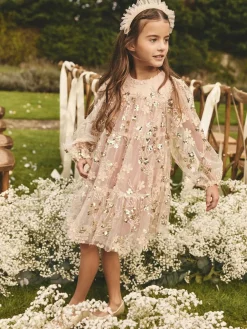 Discount Next Pink/Gold Embroidered Sequin Long Sleeve Mesh Occasion Dress (4-14yrs)