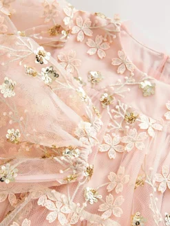 Discount Next Pink/Gold Embroidered Sequin Long Sleeve Mesh Occasion Dress (4-14yrs)