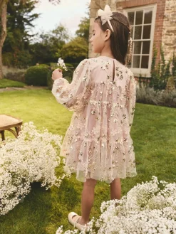 Discount Next Pink/Gold Embroidered Sequin Long Sleeve Mesh Occasion Dress (4-14yrs)