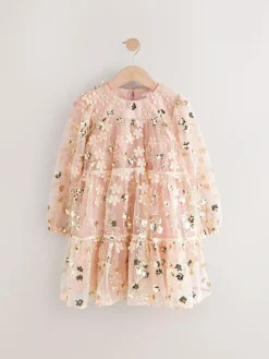 Discount Next Pink/Gold Embroidered Sequin Long Sleeve Mesh Occasion Dress (4-14yrs)