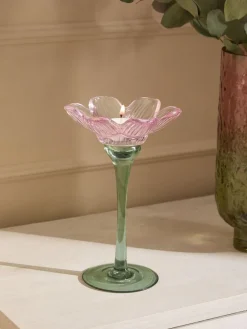 Online Next Pink/Green Glass Flower Tea Light Holder