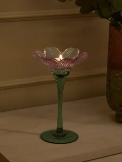 Online Next Pink/Green Glass Flower Tea Light Holder