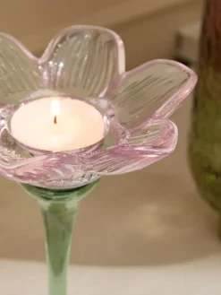 Online Next Pink/Green Glass Flower Tea Light Holder