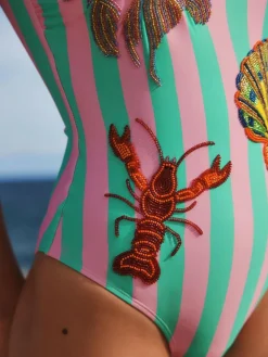 Next Pink/Green Stripe Beaded Embellished Tummy Control Scoop Swimsuit^Women Swimwear