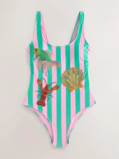 Next Pink/Green Stripe Beaded Embellished Tummy Control Scoop Swimsuit^Women Swimwear