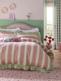 Discount Next Brushed Cotton Frill Duvet Cover and Pillowcase Set Pink/Green Stripe
