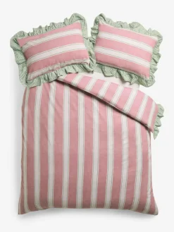 Discount Next Brushed Cotton Frill Duvet Cover and Pillowcase Set Pink/Green Stripe