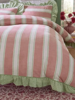 Discount Next Brushed Cotton Frill Duvet Cover and Pillowcase Set Pink/Green Stripe