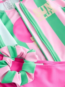 Hot Next Sunsafe Rash Vest Bikini And Scrunchie Swim Set (3-16yrs) Pink/Green Stripe