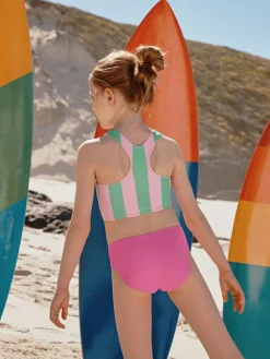 Hot Next Sunsafe Rash Vest Bikini And Scrunchie Swim Set (3-16yrs) Pink/Green Stripe