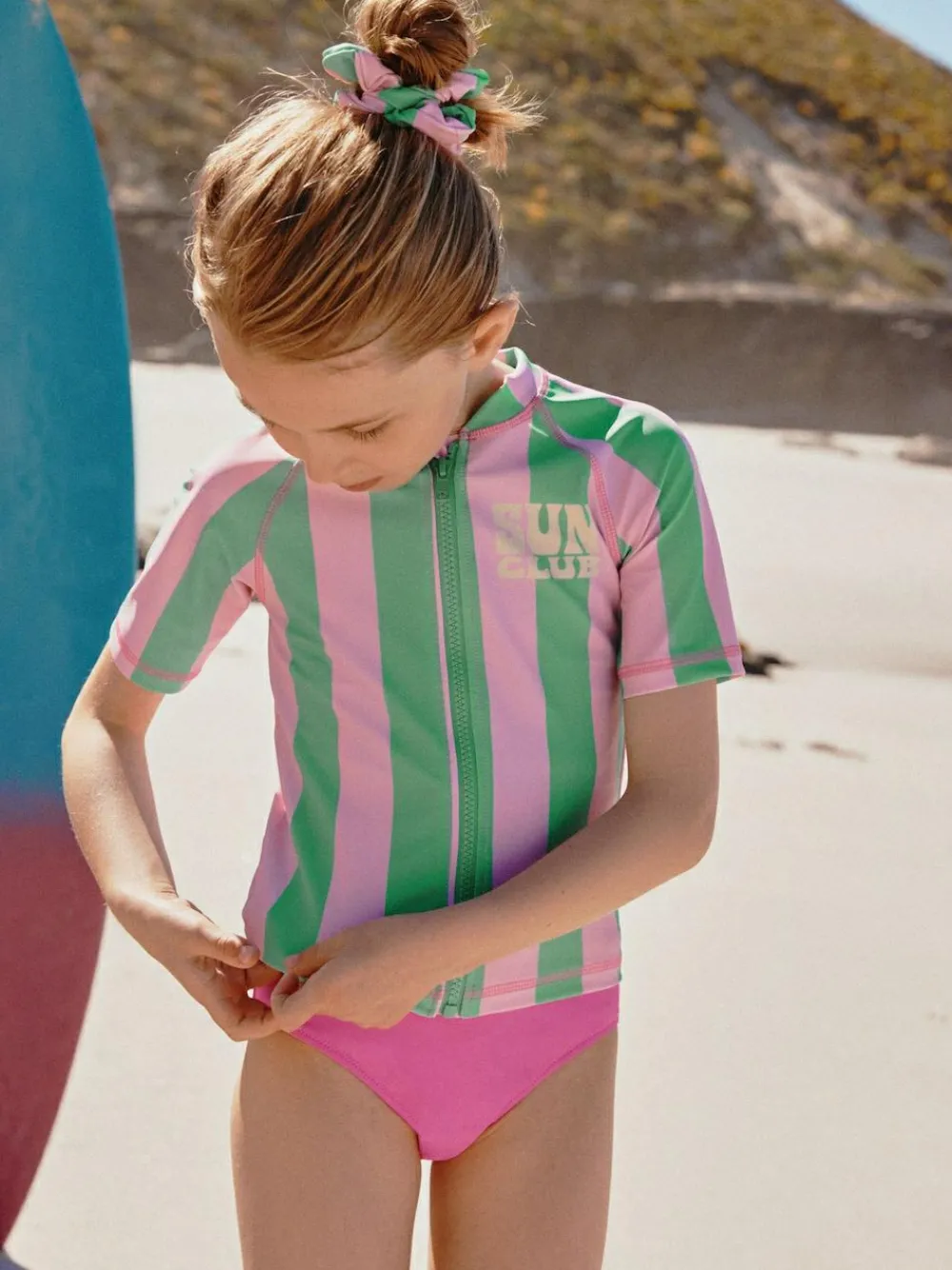 Hot Next Sunsafe Rash Vest Bikini And Scrunchie Swim Set (3-16yrs) Pink/Green Stripe