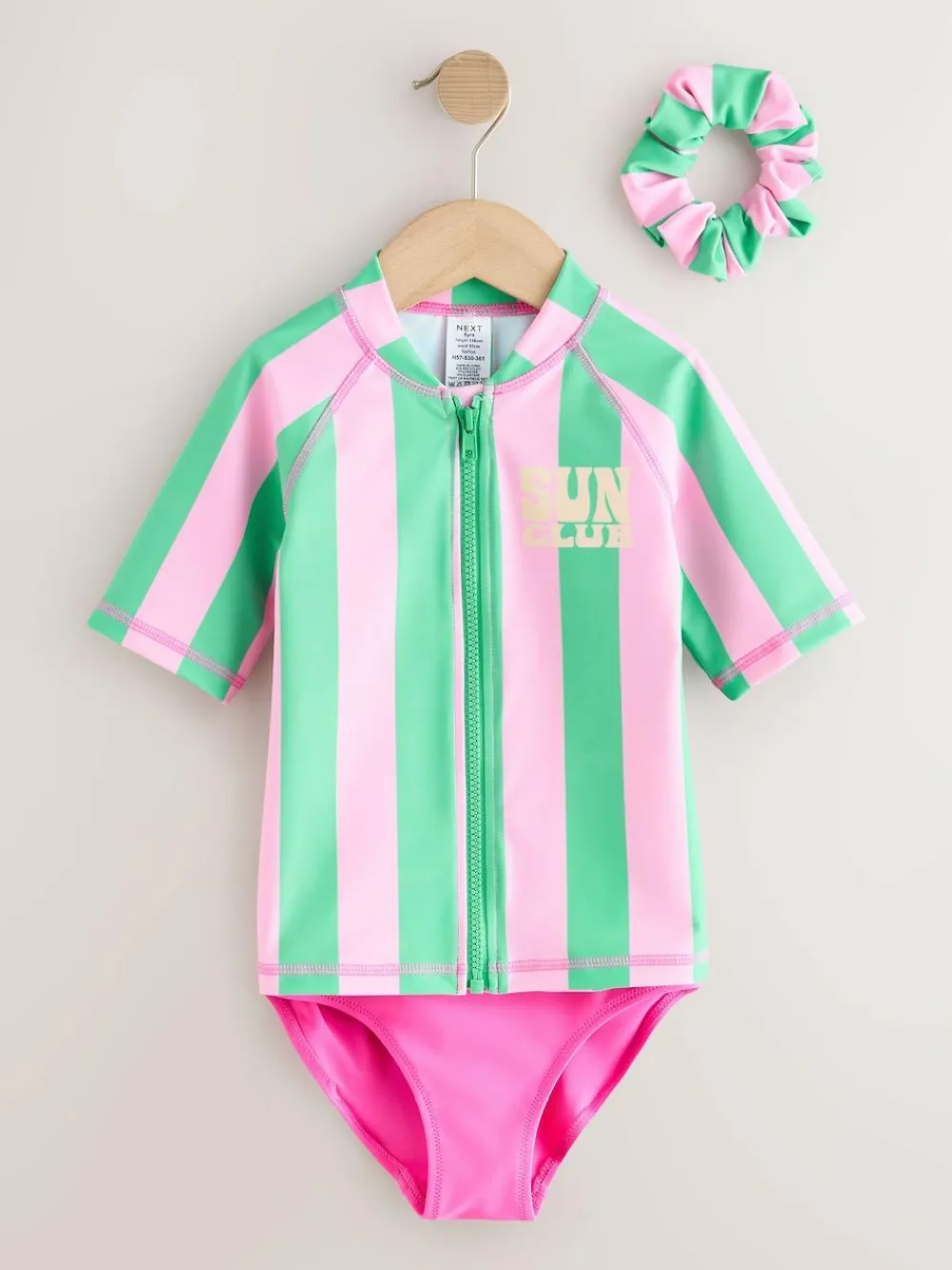 Hot Next Sunsafe Rash Vest Bikini And Scrunchie Swim Set (3-16yrs) Pink/Green Stripe