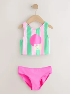Hot Next Sunsafe Rash Vest Bikini And Scrunchie Swim Set (3-16yrs) Pink/Green Stripe