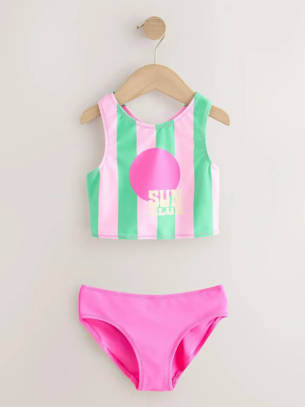 Hot Next Sunsafe Rash Vest Bikini And Scrunchie Swim Set (3-16yrs) Pink/Green Stripe