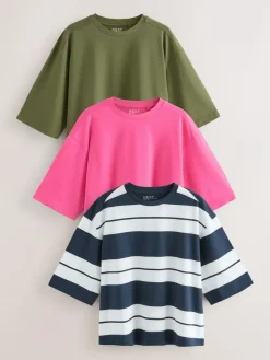 Outlet Next Elbow Length Crew Neck 100% Cotton T-Shirts 3 Pack Pink/Khaki/Stripe