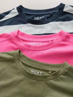 Outlet Next Elbow Length Crew Neck 100% Cotton T-Shirts 3 Pack Pink/Khaki/Stripe