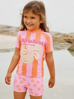 Clearance Next Short Sleeved Sunsafe Swim Set (3mths-10yrs) Pink/Orange Stripe Hibiscus