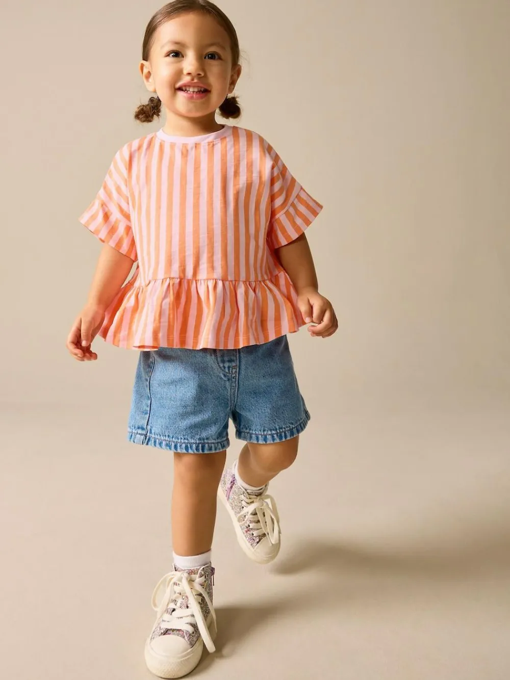 Online Next Pink/Orange Stripe Short Sleeve Peplum T-Shirt (3mths-7yrs)