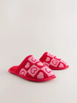 Next Pink/Red Borg Mule Check Heart Slippers^Women Slippers
