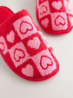 Next Pink/Red Borg Mule Check Heart Slippers^Women Slippers