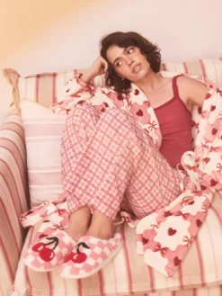 Next Pink/Red Check Cherry Mule Slippers^Women All Night & Lounge