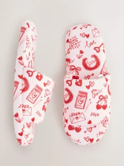 Next Pink/Red Heart Plush Slider Slippers^Women Slippers
