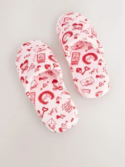 Next Pink/Red Heart Plush Slider Slippers^Women Slippers