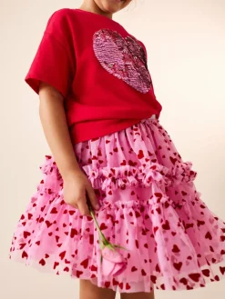 Best Next Pink/Red Heart Pull On Mesh Skirt (3-16yrs)