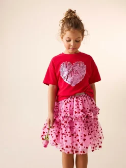 Best Next Pink/Red Heart Pull On Mesh Skirt (3-16yrs)