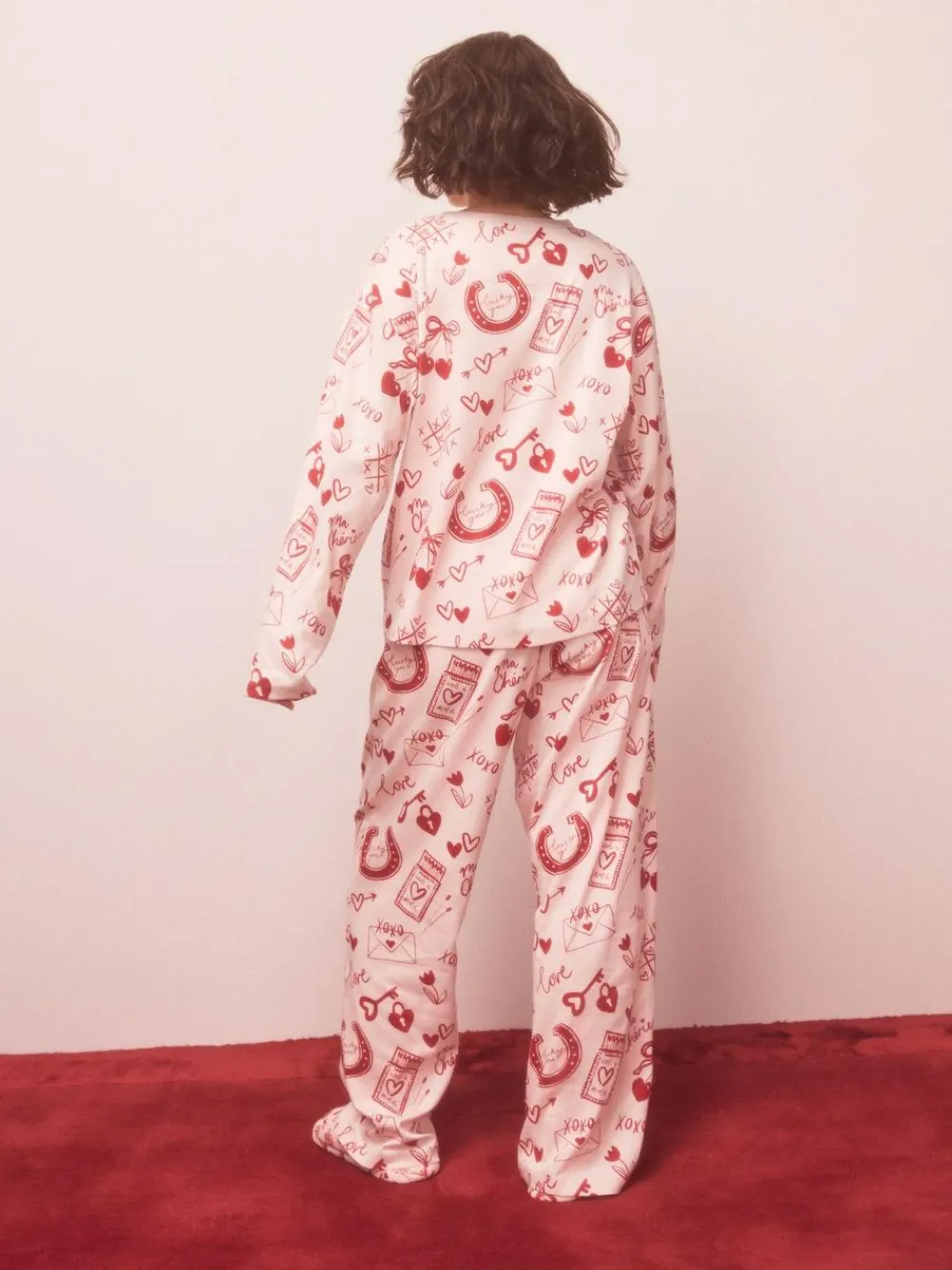 Next Pink/Red Heart Ribbed Long Sleeve Pyjamas^Women Nightwear|Pyjamas