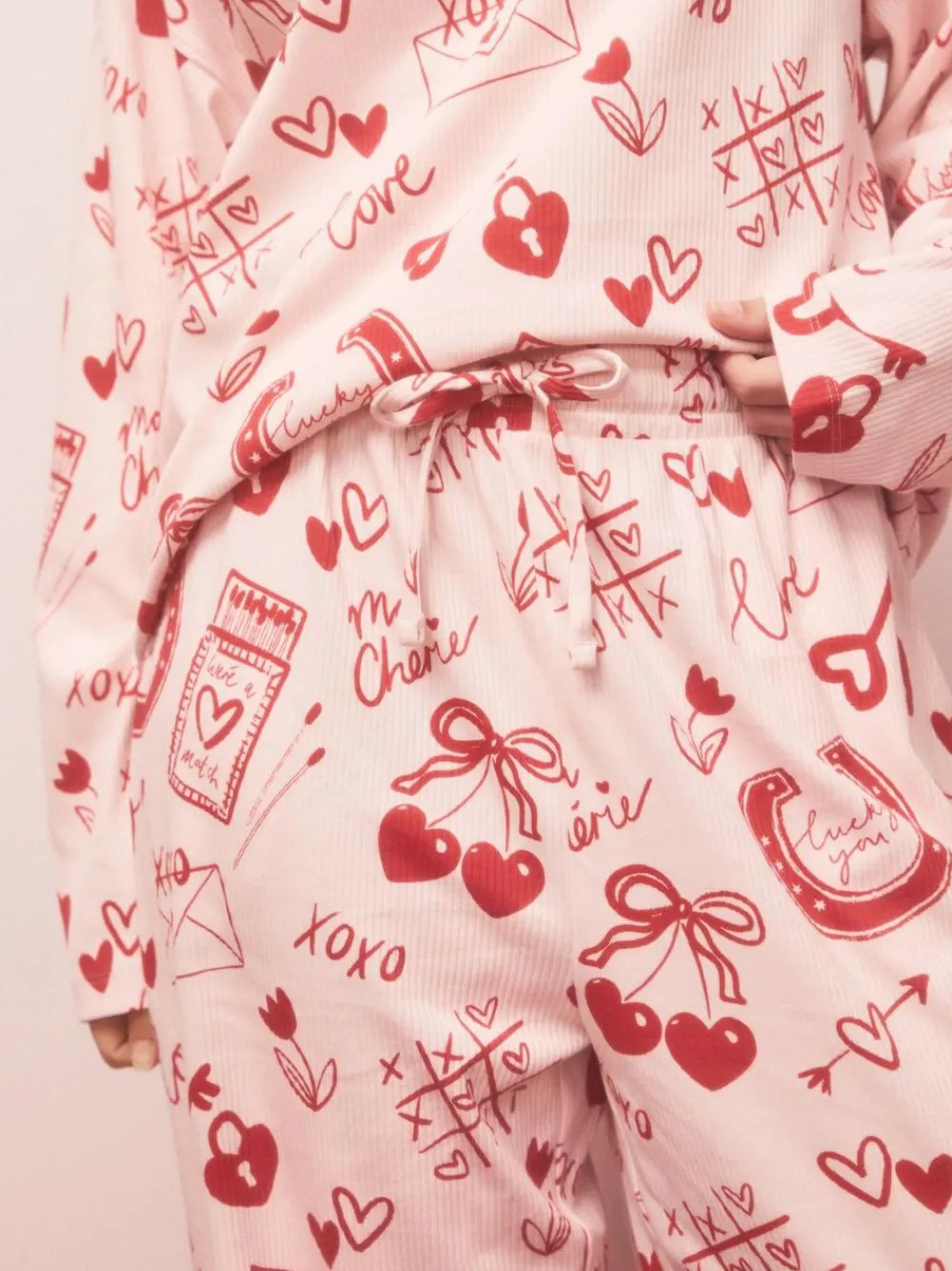 Next Pink/Red Heart Ribbed Long Sleeve Pyjamas^Women Nightwear|Pyjamas