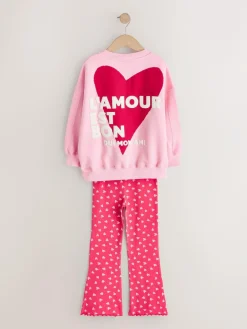 Sale Next Sweatshirt and Flare Leggings Set (3-16yrs) Pink/Red Heart