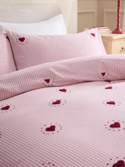 Next Pink/Red Stripe Brushed Cotton Tufted Heart Duvet Cover and Pillowcase Set