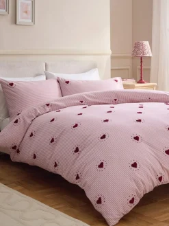 Next Pink/Red Stripe Brushed Cotton Tufted Heart Duvet Cover and Pillowcase Set