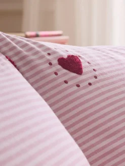 Next Pink/Red Stripe Brushed Cotton Tufted Heart Duvet Cover and Pillowcase Set