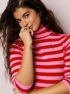 Discount Next Pink/Red Striped Ribbed High Neck Long Sleeve T-Shirt