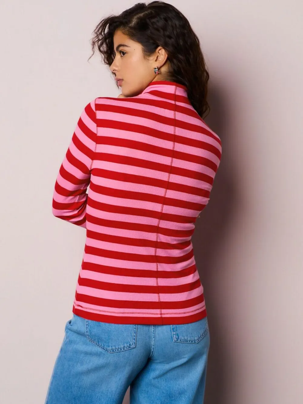 Discount Next Pink/Red Striped Ribbed High Neck Long Sleeve T-Shirt