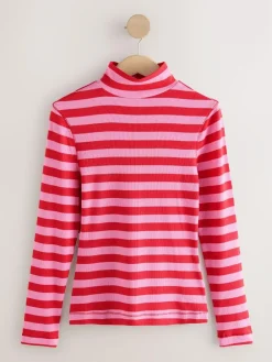 Discount Next Pink/Red Striped Ribbed High Neck Long Sleeve T-Shirt