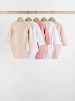 Next Pink/White 5 Pack Essential Long Sleeve Baby Bodysuits^ Multipacks|Bodysuits & Vests