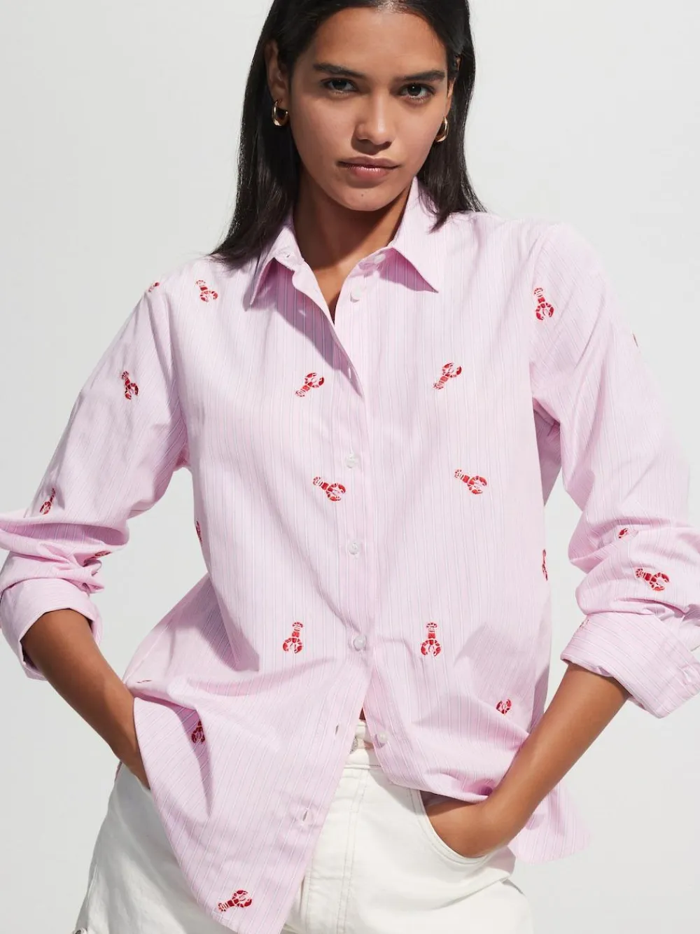 Sale Next Embroidered Long Sleeve Shirt Pink/White Stripe Lobster