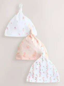 Next Pink/White Tie Top Baby Beanies 3 Pack (0-12mths)^ Hats & Scratch Mitts|Newborn Accessories