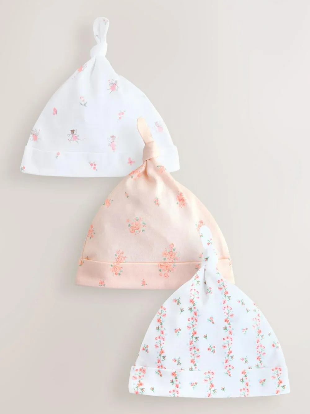 Next Pink/White Tie Top Baby Beanies 3 Pack (0-12mths)^ Hats & Scratch Mitts|Newborn Accessories