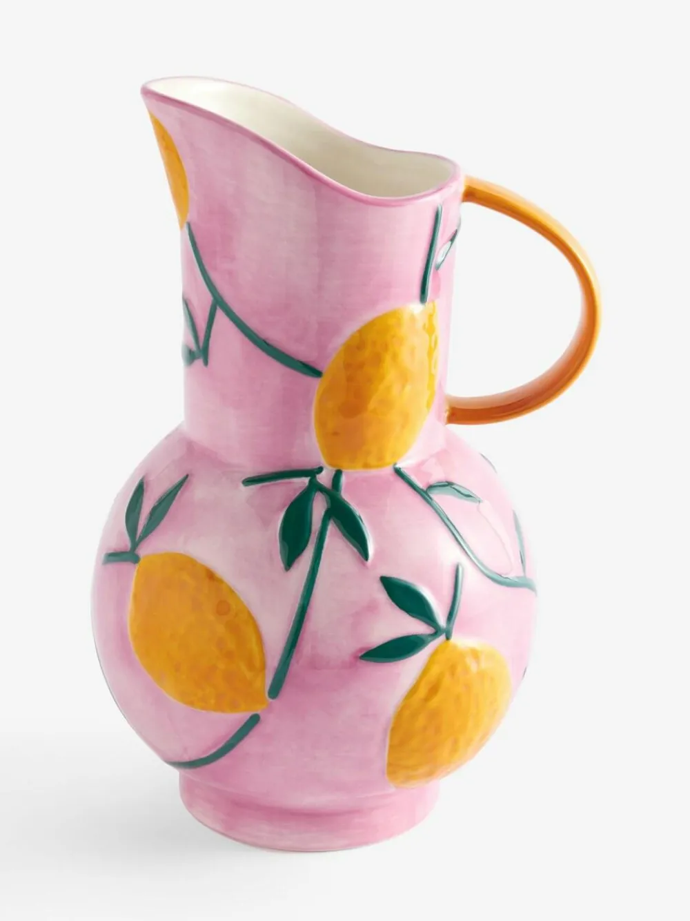 New Next Pink/Yellow Handpaint Lemons Ceramic Jug Vase