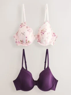 Next Plum Purple/Floral Print Full Cup A-E Smoothing Ultimate Comfort Bras 2 Pack^Women Bras